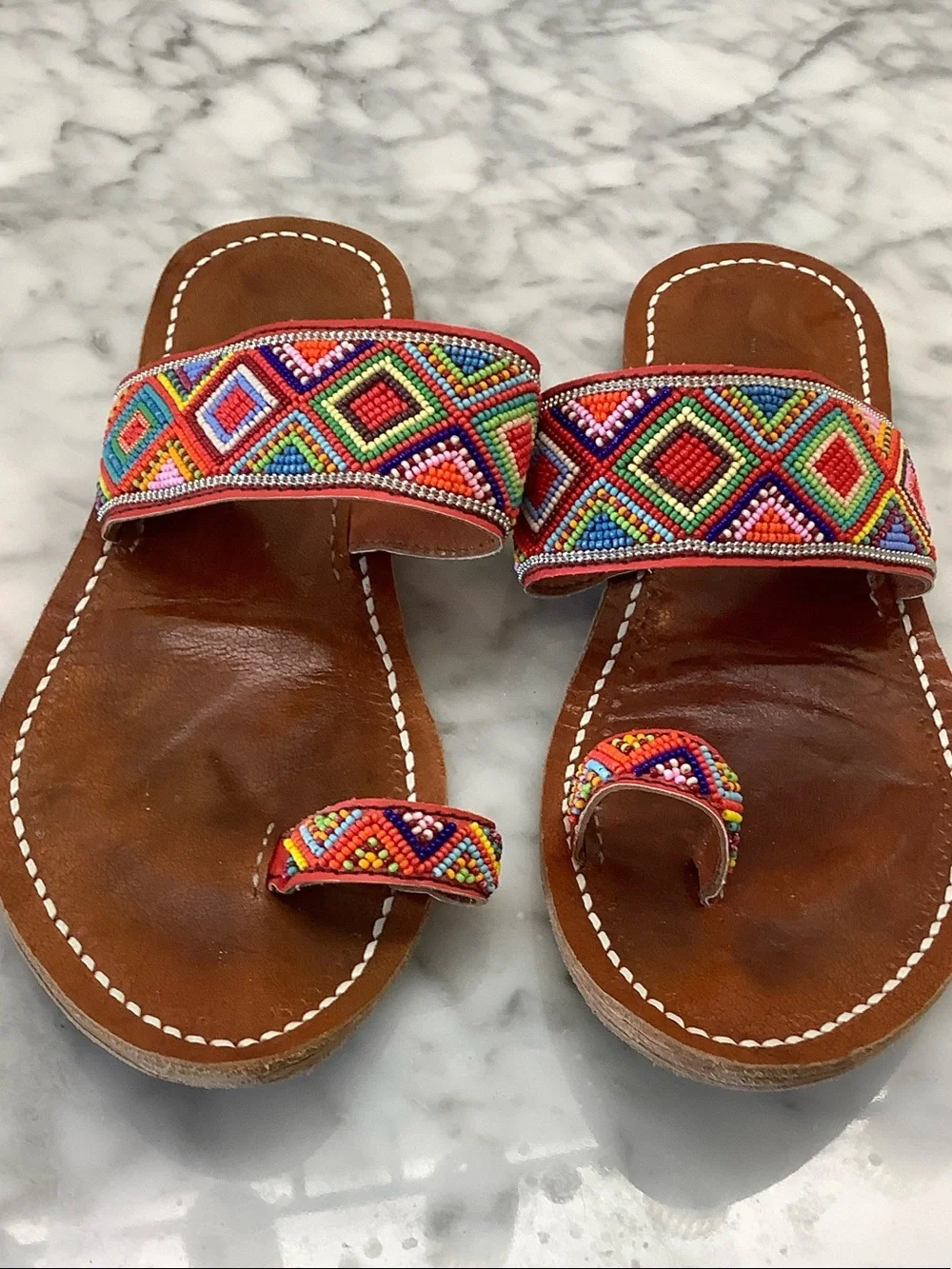 BOHO Leather Slide Sandals with Multicolor Beaded Straps sz 8